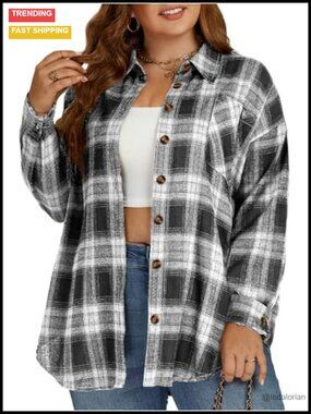 Plus Size Button Down Plaid Flannel Shirt Long Sleeve Tunic Blouse